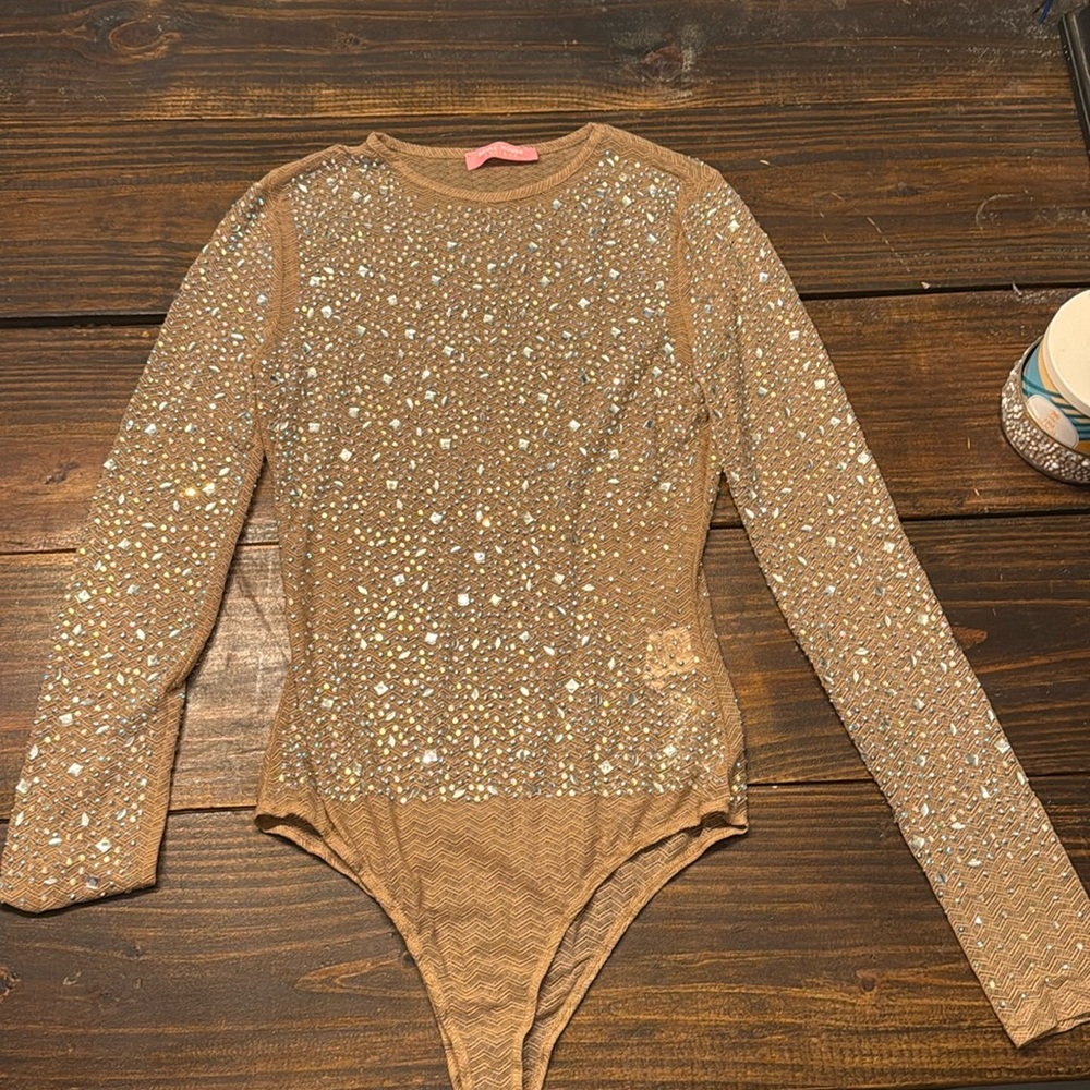 BEADED RHINESTONE TAN BODYSUIT